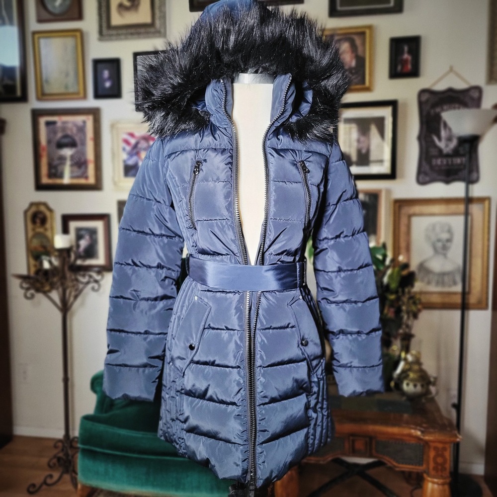 Nautica Puffer Jacket Womens XS Navy Blue Faux Fur Hood Belted Water Resistant